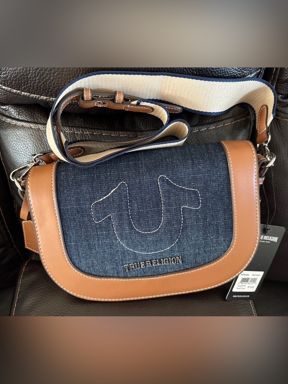 True Religion Dark Denim and Tan Leather Flap Crossbody